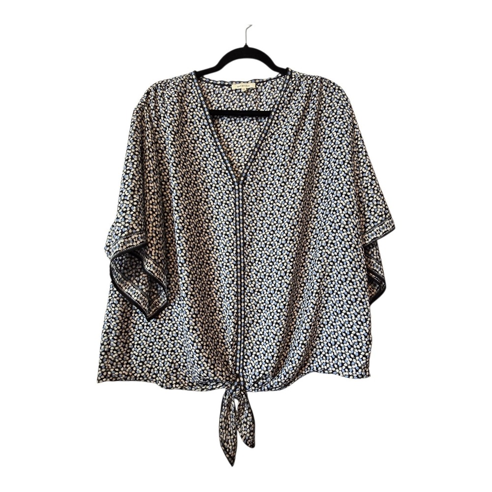 Max Studio Floral Front Tie Top Blouse Womens 2X Blue Bell Kimono Sleeve Boho